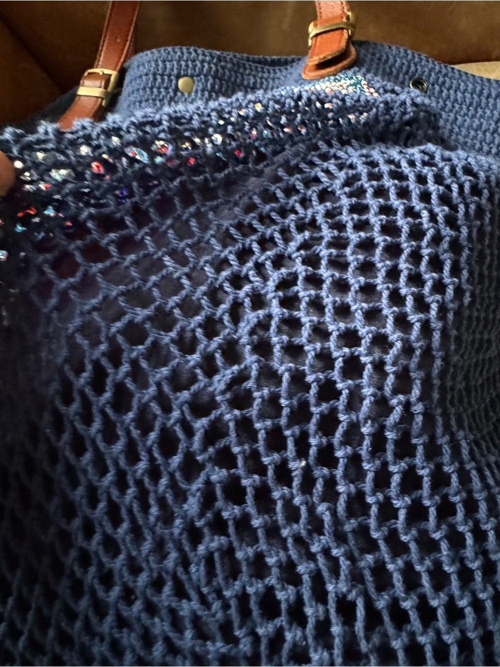 Elliot Mann Crochet Tote w Beaded bells fringe tassel net mesh summer leather - Picture 16 of 17